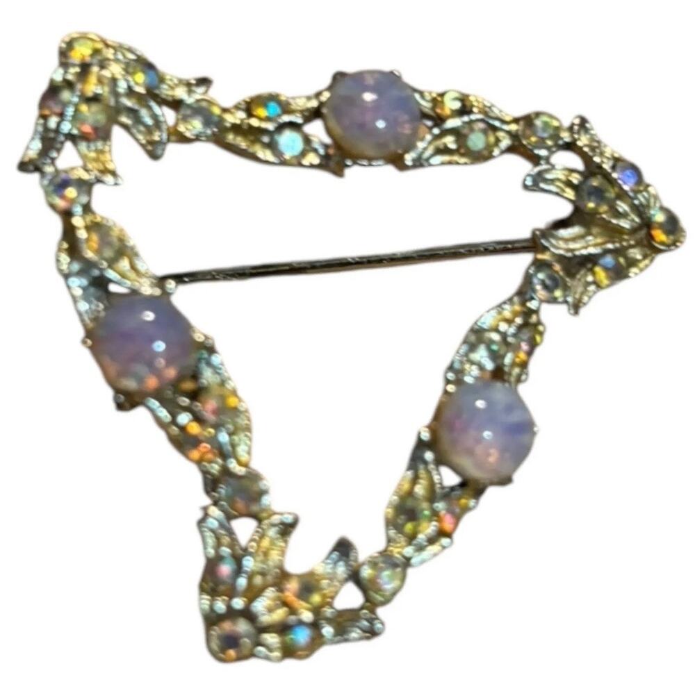 BSK Opal Aurora Borealis Rhinestone Brooch Vintage Gold Tone Leaf Pin 1950s